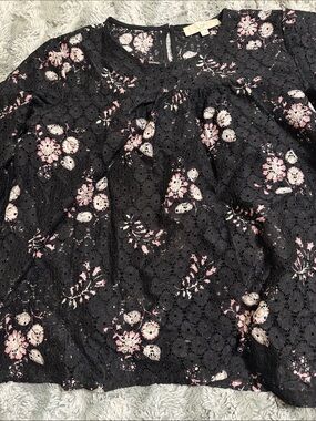 LOFT Black Lace Top with Pink Floral Embroidery